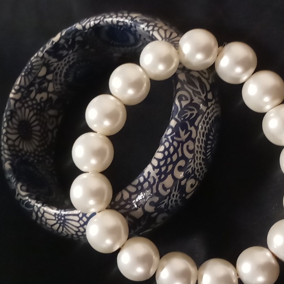 Large Glass beaded pearl like expandable bracelet & pulseira bangle - Picture 7 of 7